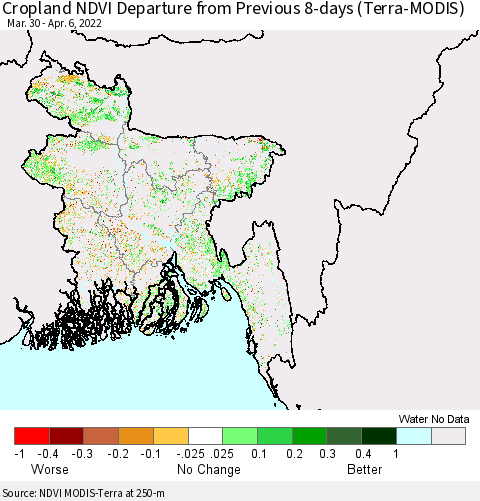 Bangladesh Cropland NDVI Departure from Previous 8-days (Terra-MODIS) Thematic Map For 3/30/2022 - 4/6/2022