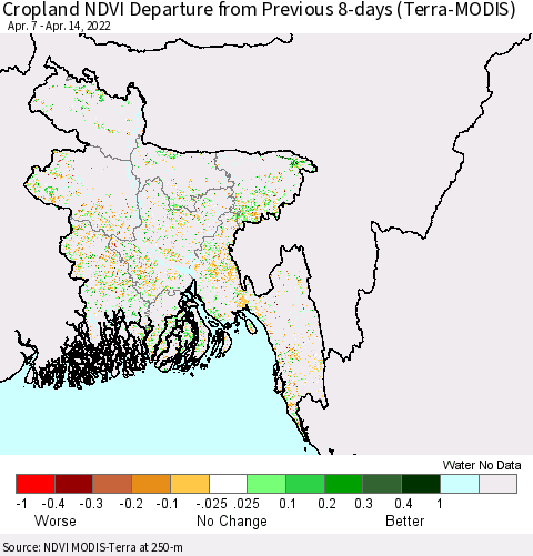 Bangladesh Cropland NDVI Departure from Previous 8-days (Terra-MODIS) Thematic Map For 4/7/2022 - 4/14/2022