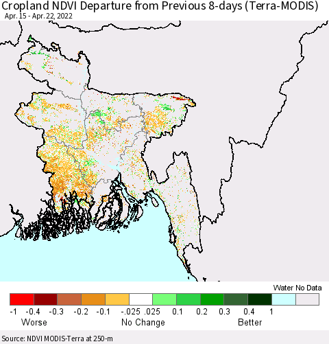 Bangladesh Cropland NDVI Departure from Previous 8-days (Terra-MODIS) Thematic Map For 4/15/2022 - 4/22/2022