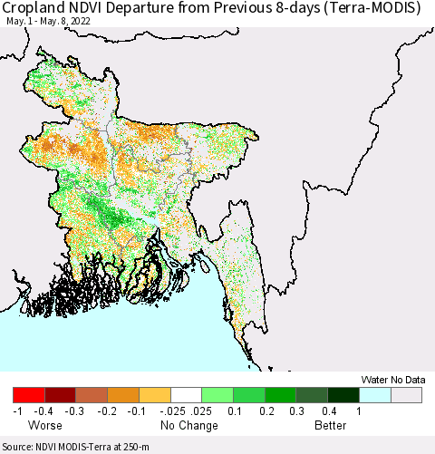 Bangladesh Cropland NDVI Departure from Previous 8-days (Terra-MODIS) Thematic Map For 5/1/2022 - 5/8/2022