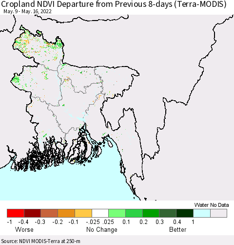 Bangladesh Cropland NDVI Departure from Previous 8-days (Terra-MODIS) Thematic Map For 5/9/2022 - 5/16/2022