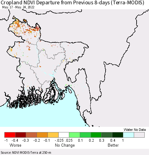 Bangladesh Cropland NDVI Departure from Previous 8-days (Terra-MODIS) Thematic Map For 5/17/2022 - 5/24/2022