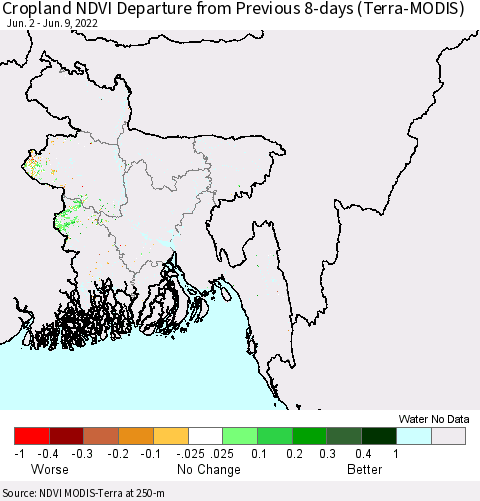 Bangladesh Cropland NDVI Departure from Previous 8-days (Terra-MODIS) Thematic Map For 6/2/2022 - 6/9/2022