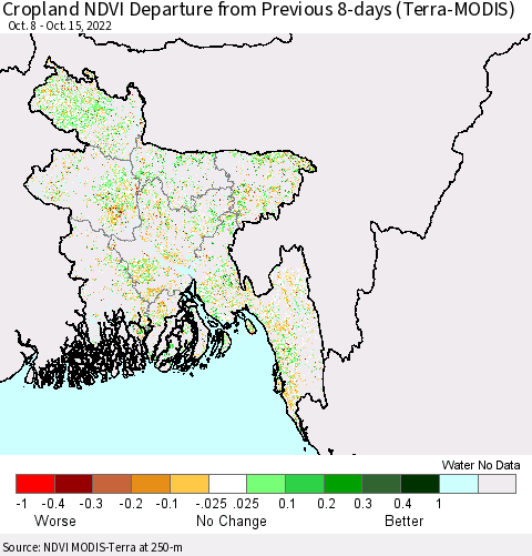Bangladesh Cropland NDVI Departure from Previous 8-days (Terra-MODIS) Thematic Map For 10/8/2022 - 10/15/2022