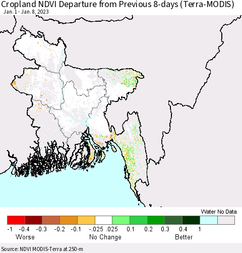 Bangladesh Cropland NDVI Departure from Previous 8-days (Terra-MODIS) Thematic Map For 1/1/2023 - 1/8/2023