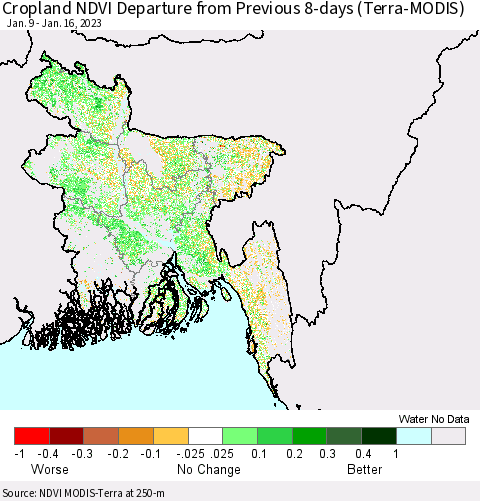 Bangladesh Cropland NDVI Departure from Previous 8-days (Terra-MODIS) Thematic Map For 1/9/2023 - 1/16/2023
