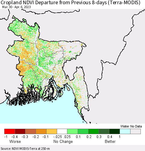 Bangladesh Cropland NDVI Departure from Previous 8-days (Terra-MODIS) Thematic Map For 3/30/2023 - 4/6/2023