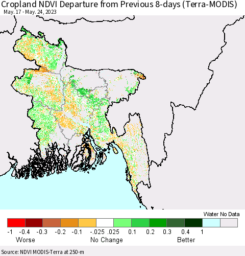 Bangladesh Cropland NDVI Departure from Previous 8-days (Terra-MODIS) Thematic Map For 5/17/2023 - 5/24/2023