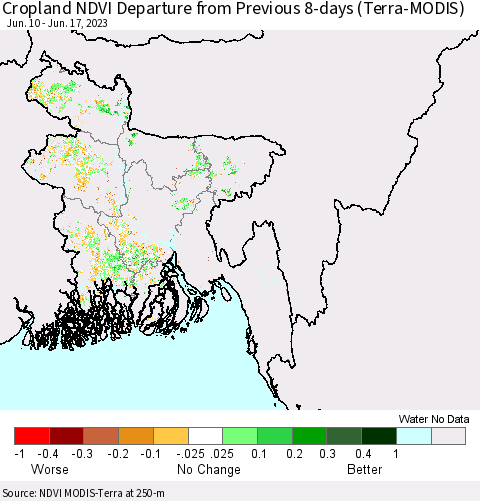 Bangladesh Cropland NDVI Departure from Previous 8-days (Terra-MODIS) Thematic Map For 6/10/2023 - 6/17/2023
