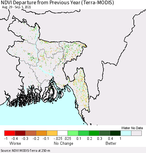 Bangladesh NDVI Departure from Previous Year (Terra-MODIS) Thematic Map For 8/29/2021 - 9/5/2021