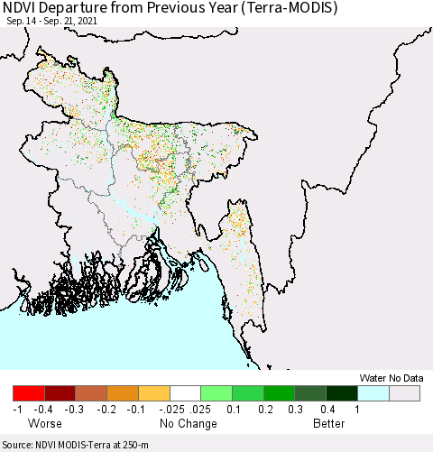 Bangladesh NDVI Departure from Previous Year (Terra-MODIS) Thematic Map For 9/14/2021 - 9/21/2021