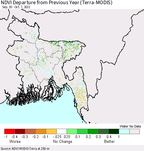 Bangladesh NDVI Departure from Previous Year (Terra-MODIS) Thematic Map For 9/30/2021 - 10/7/2021