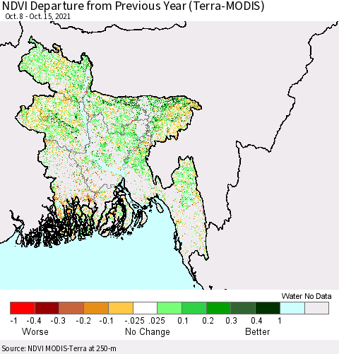 Bangladesh NDVI Departure from Previous Year (Terra-MODIS) Thematic Map For 10/8/2021 - 10/15/2021