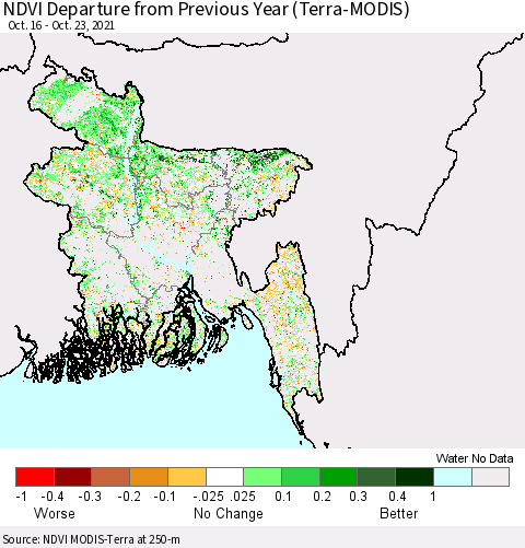 Bangladesh NDVI Departure from Previous Year (Terra-MODIS) Thematic Map For 10/16/2021 - 10/23/2021