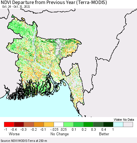 Bangladesh NDVI Departure from Previous Year (Terra-MODIS) Thematic Map For 10/24/2021 - 10/31/2021