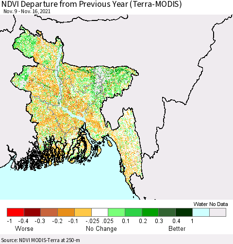 Bangladesh NDVI Departure from Previous Year (Terra-MODIS) Thematic Map For 11/9/2021 - 11/16/2021