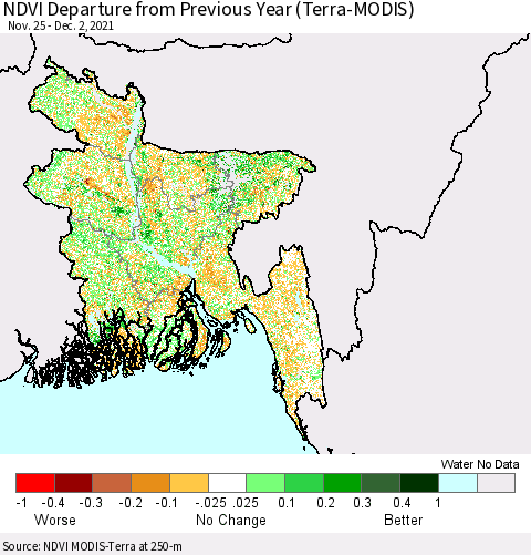 Bangladesh NDVI Departure from Previous Year (Terra-MODIS) Thematic Map For 11/25/2021 - 12/2/2021