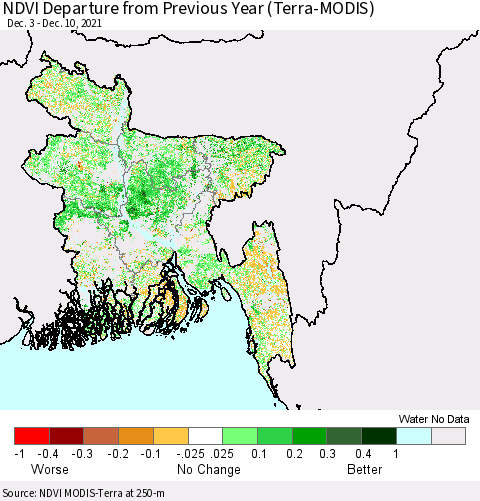 Bangladesh NDVI Departure from Previous Year (Terra-MODIS) Thematic Map For 12/3/2021 - 12/10/2021
