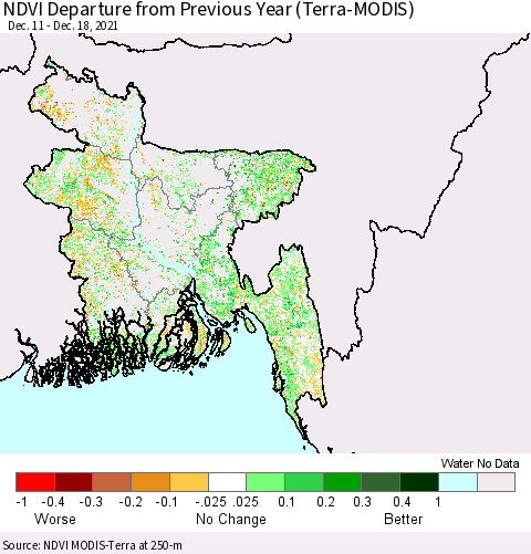 Bangladesh NDVI Departure from Previous Year (Terra-MODIS) Thematic Map For 12/11/2021 - 12/18/2021