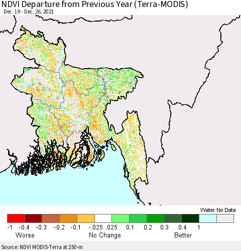 Bangladesh NDVI Departure from Previous Year (Terra-MODIS) Thematic Map For 12/19/2021 - 12/26/2021