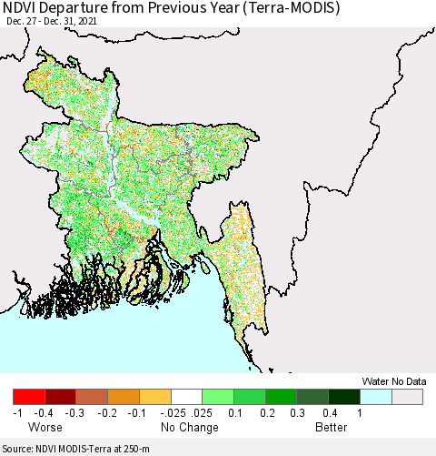 Bangladesh NDVI Departure from Previous Year (Terra-MODIS) Thematic Map For 12/26/2021 - 1/2/2022