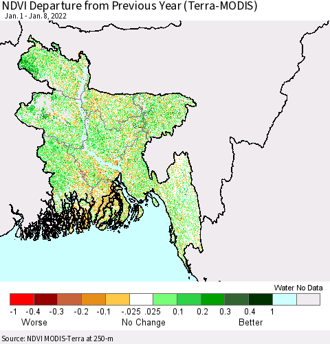 Bangladesh NDVI Departure from Previous Year (Terra-MODIS) Thematic Map For 1/1/2022 - 1/8/2022