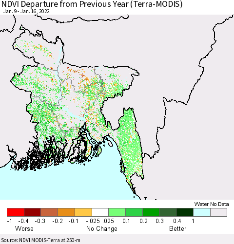 Bangladesh NDVI Departure from Previous Year (Terra-MODIS) Thematic Map For 1/9/2022 - 1/16/2022