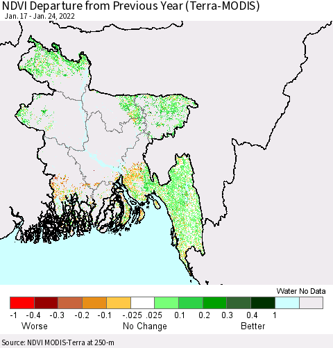 Bangladesh NDVI Departure from Previous Year (Terra-MODIS) Thematic Map For 1/17/2022 - 1/24/2022