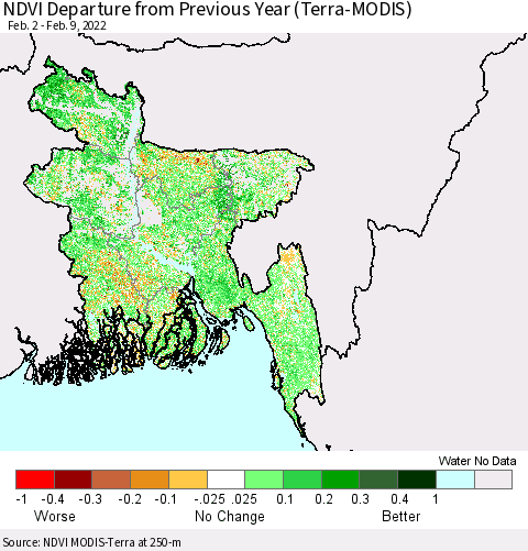 Bangladesh NDVI Departure from Previous Year (Terra-MODIS) Thematic Map For 2/2/2022 - 2/9/2022