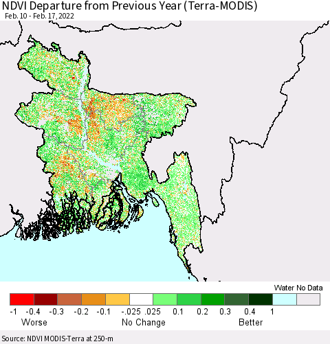 Bangladesh NDVI Departure from Previous Year (Terra-MODIS) Thematic Map For 2/10/2022 - 2/17/2022