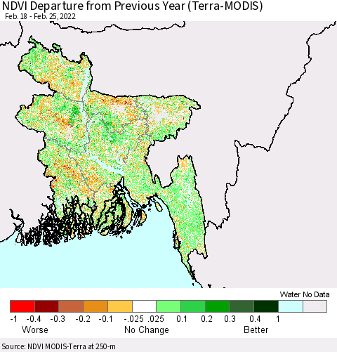 Bangladesh NDVI Departure from Previous Year (Terra-MODIS) Thematic Map For 2/18/2022 - 2/25/2022
