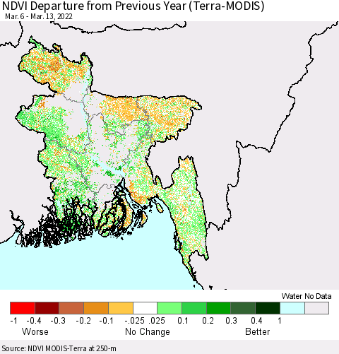 Bangladesh NDVI Departure from Previous Year (Terra-MODIS) Thematic Map For 3/6/2022 - 3/13/2022