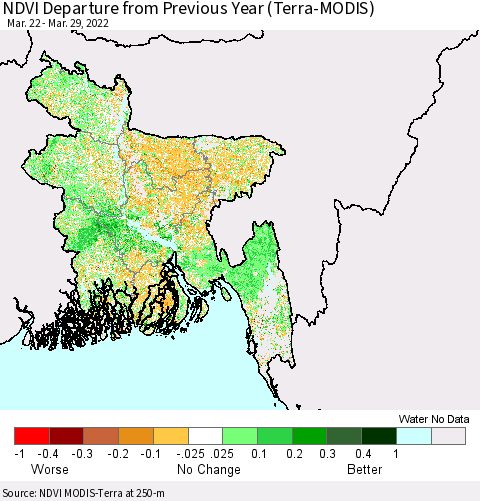 Bangladesh NDVI Departure from Previous Year (Terra-MODIS) Thematic Map For 3/22/2022 - 3/29/2022