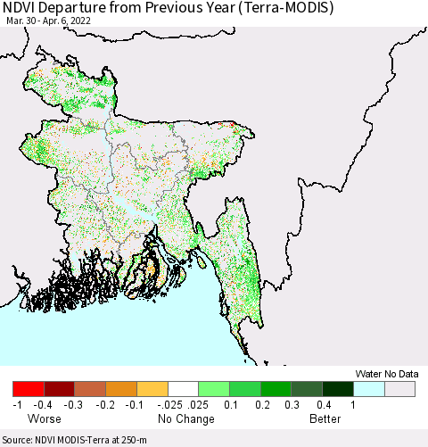 Bangladesh NDVI Departure from Previous Year (Terra-MODIS) Thematic Map For 3/30/2022 - 4/6/2022