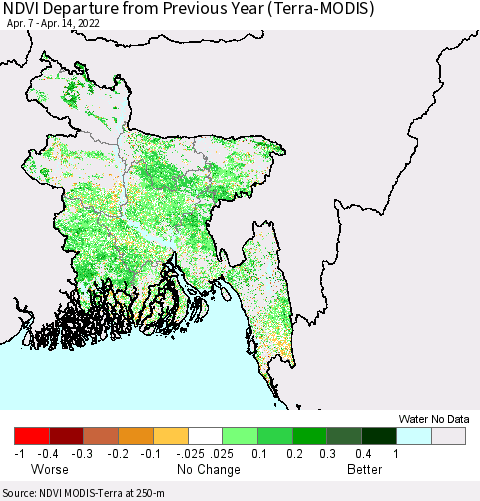 Bangladesh NDVI Departure from Previous Year (Terra-MODIS) Thematic Map For 4/7/2022 - 4/14/2022
