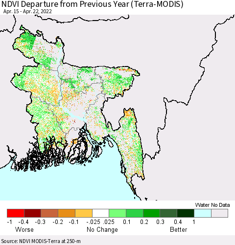 Bangladesh NDVI Departure from Previous Year (Terra-MODIS) Thematic Map For 4/15/2022 - 4/22/2022