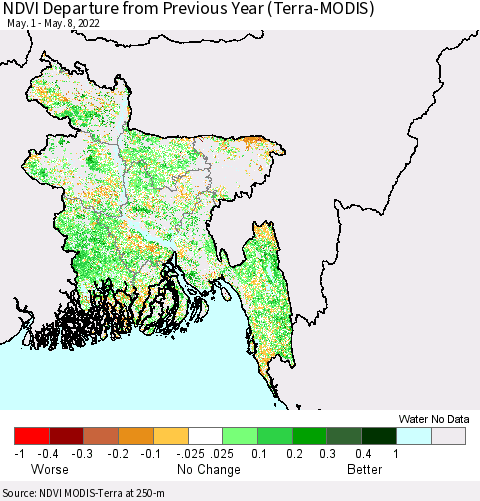 Bangladesh NDVI Departure from Previous Year (Terra-MODIS) Thematic Map For 5/1/2022 - 5/8/2022