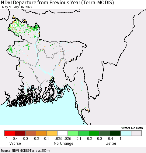 Bangladesh NDVI Departure from Previous Year (Terra-MODIS) Thematic Map For 5/9/2022 - 5/16/2022