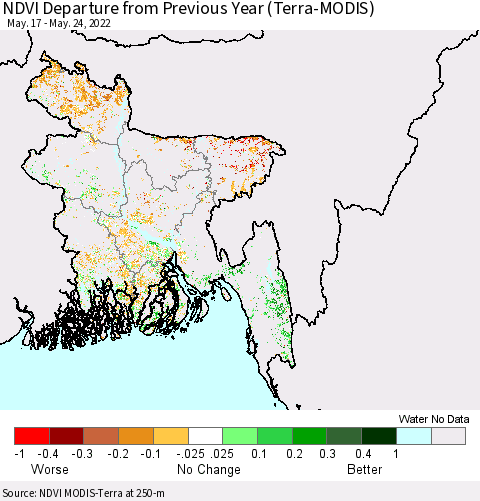 Bangladesh NDVI Departure from Previous Year (Terra-MODIS) Thematic Map For 5/17/2022 - 5/24/2022
