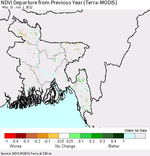 Bangladesh NDVI Departure from Previous Year (Terra-MODIS) Thematic Map For 5/25/2022 - 6/1/2022