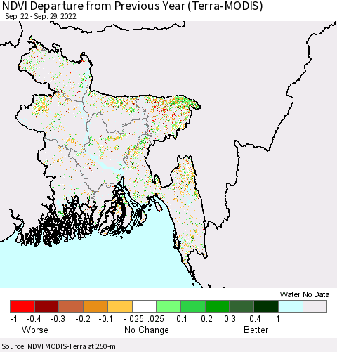 Bangladesh NDVI Departure from Previous Year (Terra-MODIS) Thematic Map For 9/22/2022 - 9/29/2022