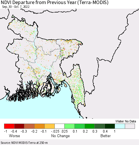 Bangladesh NDVI Departure from Previous Year (Terra-MODIS) Thematic Map For 9/30/2022 - 10/7/2022