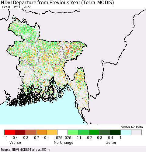Bangladesh NDVI Departure from Previous Year (Terra-MODIS) Thematic Map For 10/8/2022 - 10/15/2022