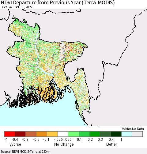 Bangladesh NDVI Departure from Previous Year (Terra-MODIS) Thematic Map For 10/24/2022 - 10/31/2022