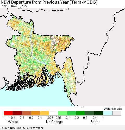 Bangladesh NDVI Departure from Previous Year (Terra-MODIS) Thematic Map For 11/9/2022 - 11/16/2022