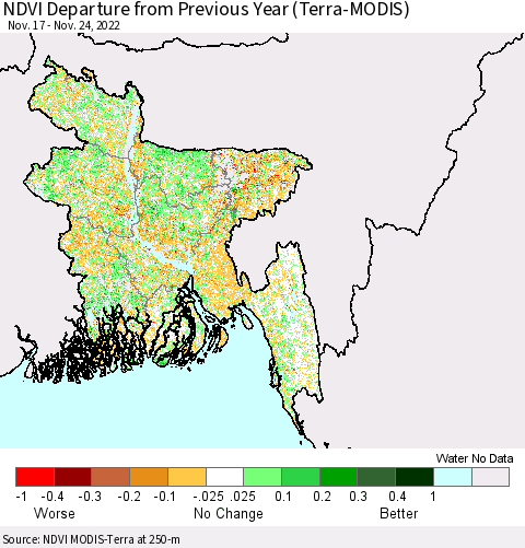 Bangladesh NDVI Departure from Previous Year (Terra-MODIS) Thematic Map For 11/17/2022 - 11/24/2022