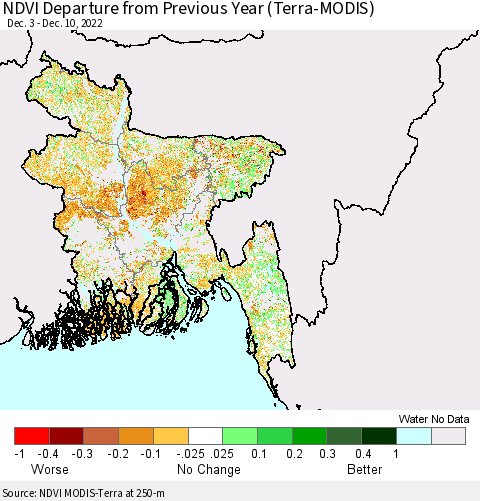 Bangladesh NDVI Departure from Previous Year (Terra-MODIS) Thematic Map For 12/3/2022 - 12/10/2022