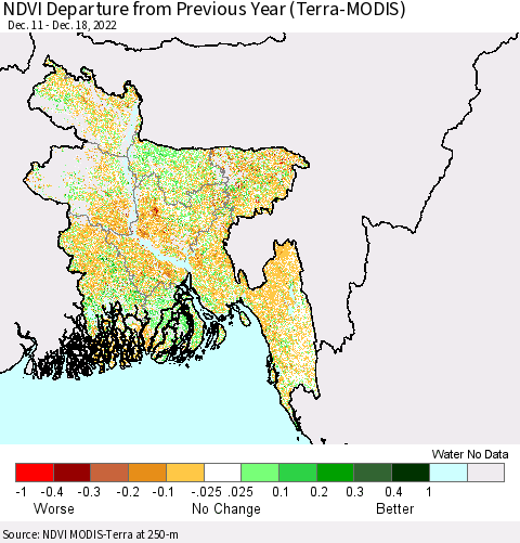 Bangladesh NDVI Departure from Previous Year (Terra-MODIS) Thematic Map For 12/11/2022 - 12/18/2022