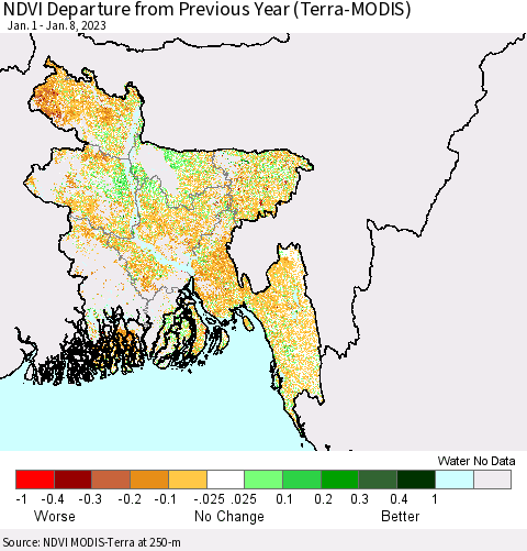 Bangladesh NDVI Departure from Previous Year (Terra-MODIS) Thematic Map For 1/1/2023 - 1/8/2023