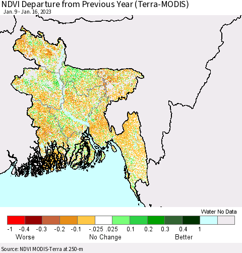 Bangladesh NDVI Departure from Previous Year (Terra-MODIS) Thematic Map For 1/9/2023 - 1/16/2023
